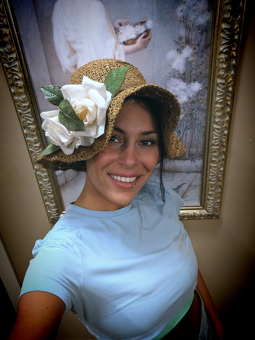 Straw Sun Hat with White Flower Accent - Women Accessories